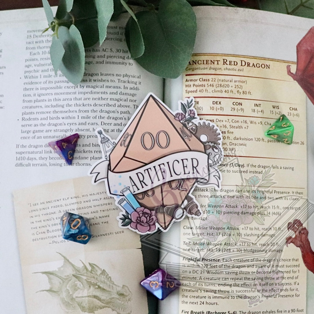 Decorative sticker with 'Artificer' design on a book page with game rules.