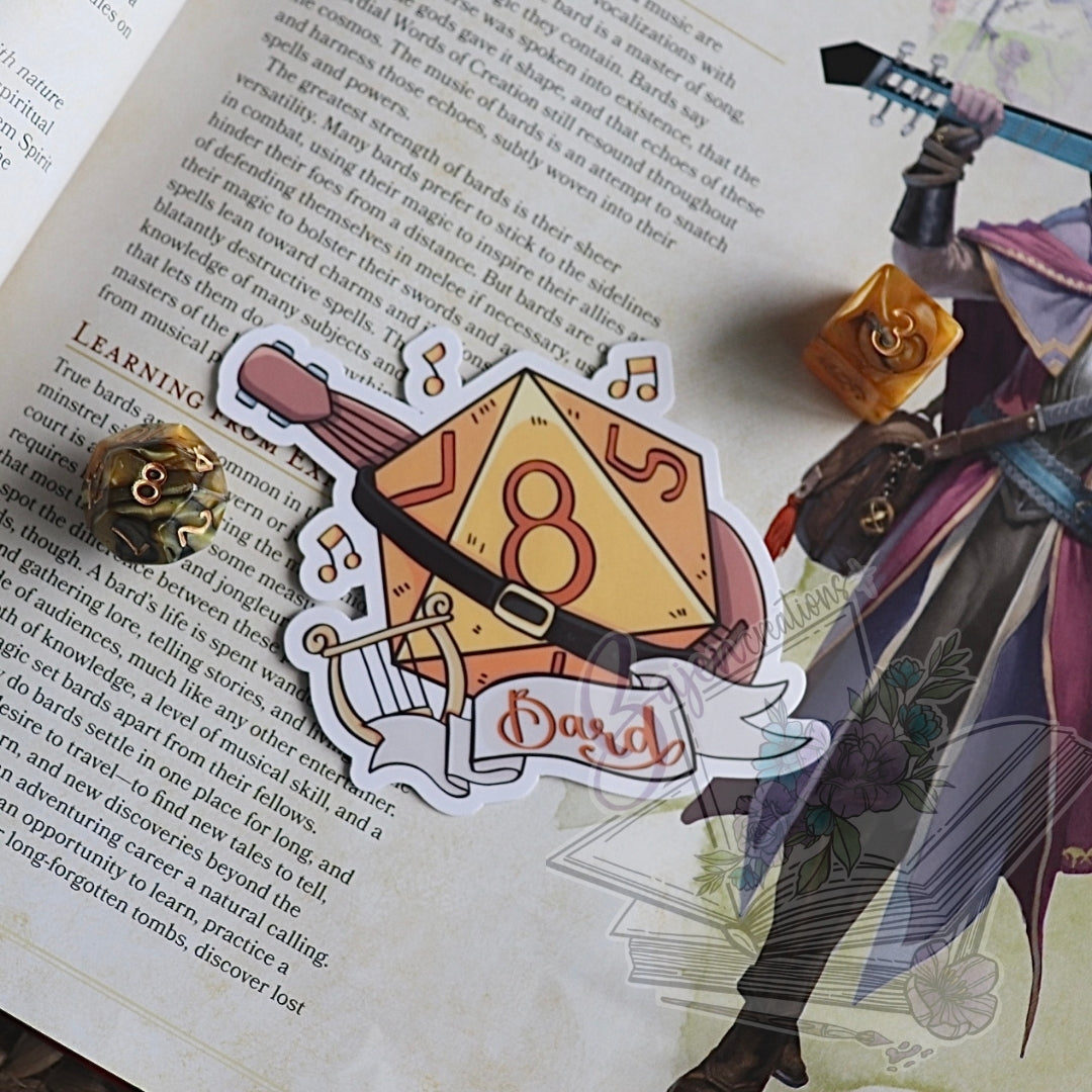 D20 die sticker on an open book with a character holding a sword.