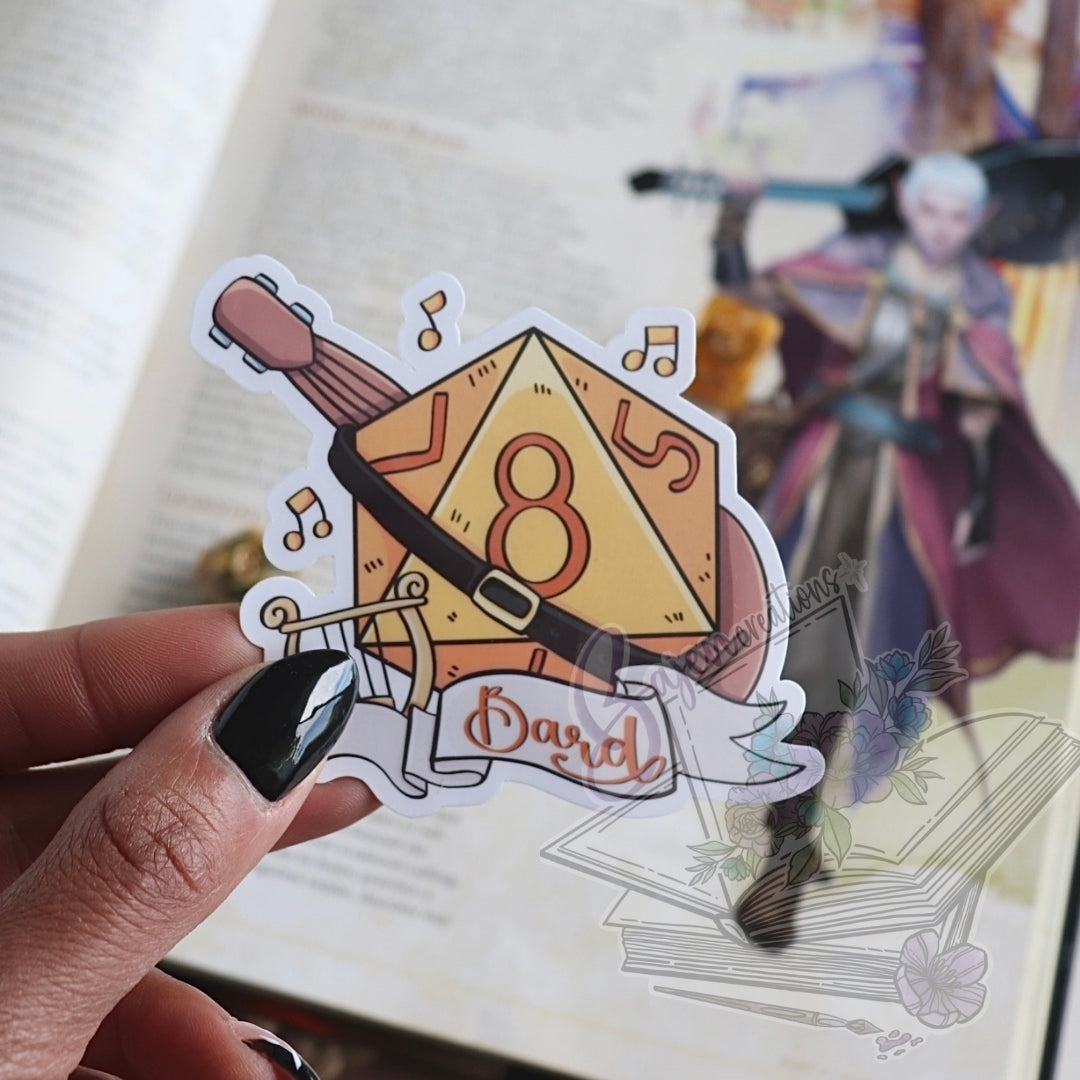 Bard Dungeons and Dragons Dice sticker held by a hand with a book in the background 