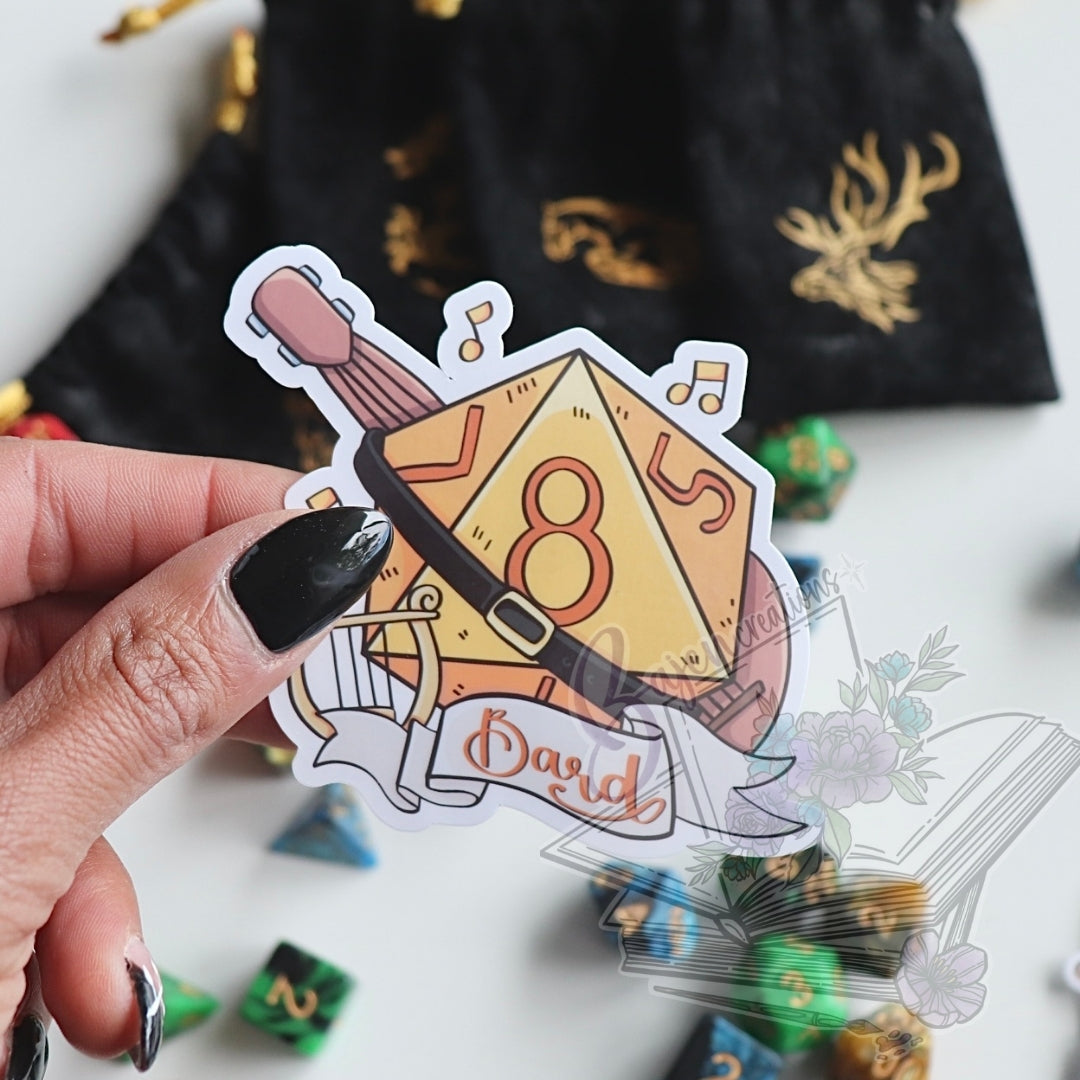 Sticker of a d20 die with a guitar and 'Bard' text held by a hand, with dice in the background.