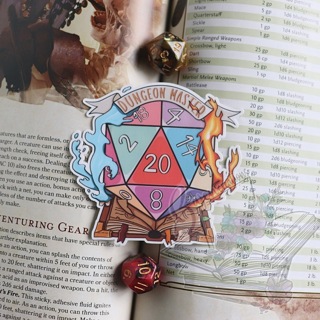 Dungeon Master's Guide sticker with a colorful die and dice on top