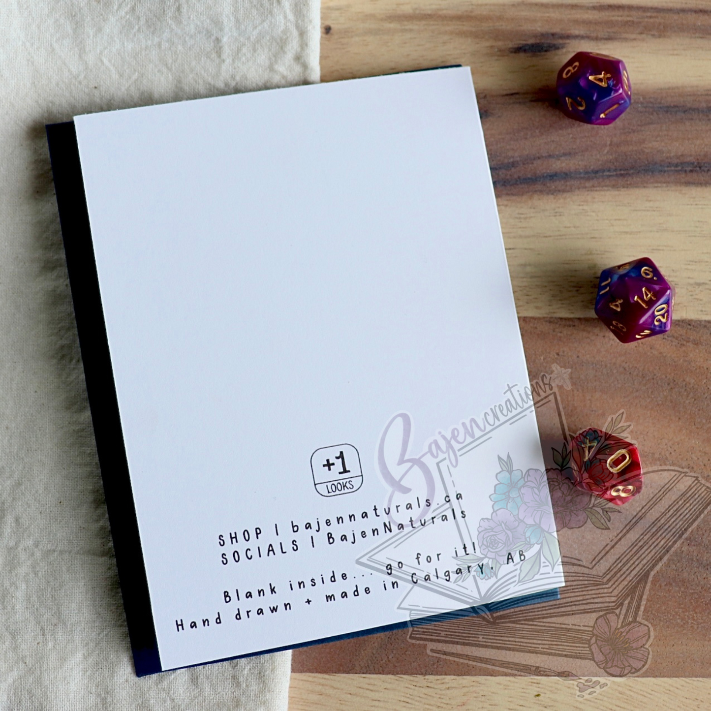 Back of Dungeons and Dragons Dice card with dice on a wooden surface