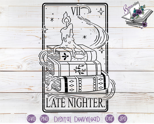 Tarot card design with a candle, books, and the text 'Late Nighter' on a wooden background.