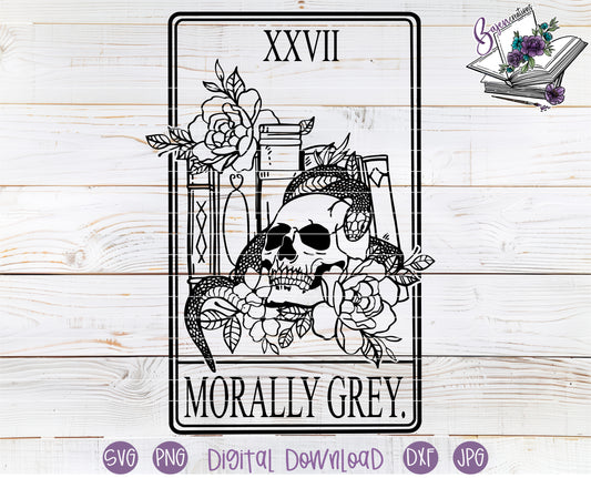 Tarot card design with skull, roses, and text 'XXVII Morally Grey' on a wooden background.