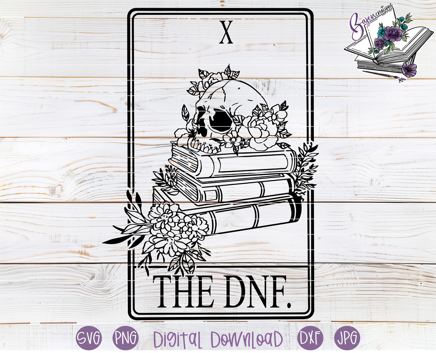 Tarot card design with skull, books, and flowers on a wooden background