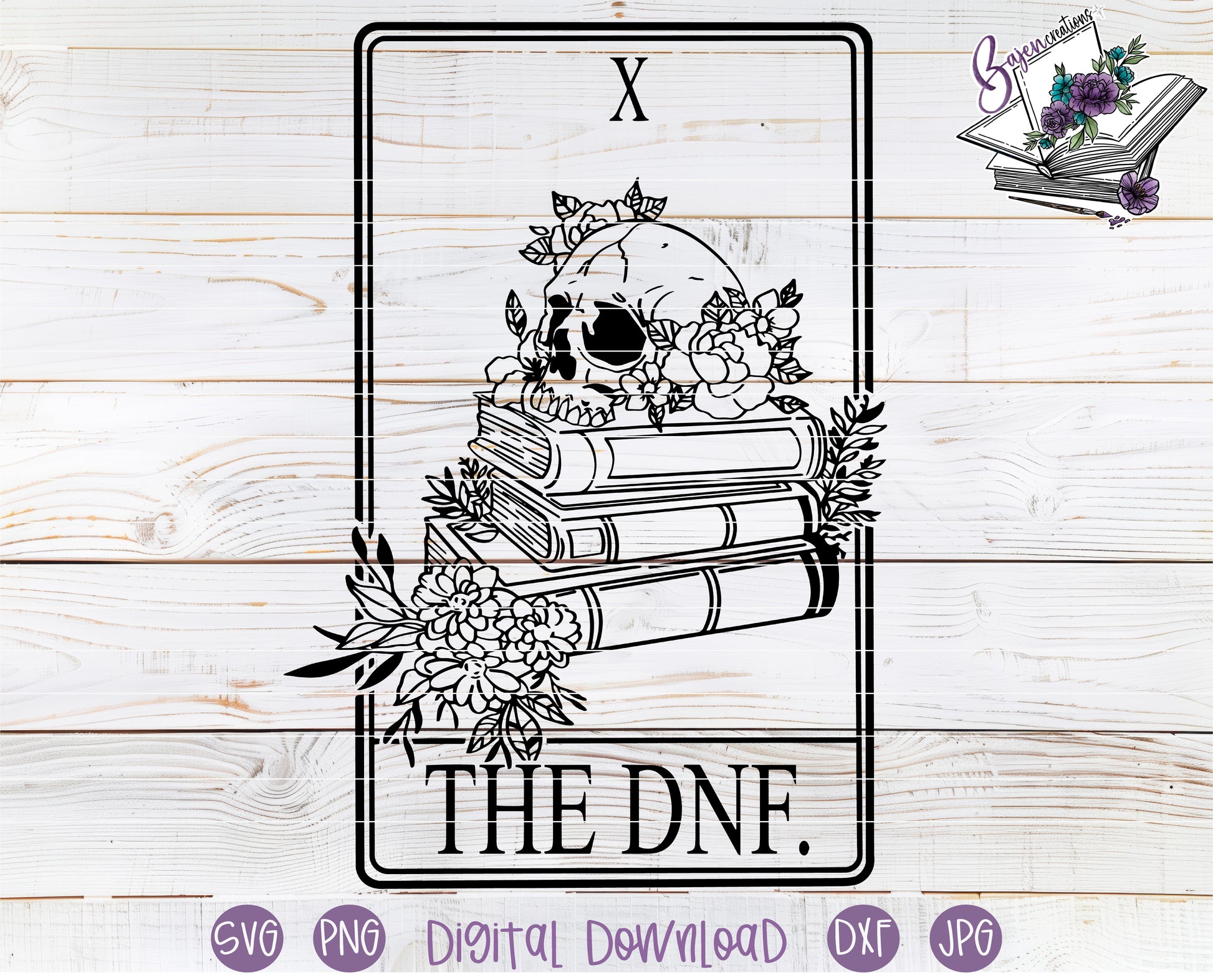 Tarot card design with skull, books, and flowers on a wooden background