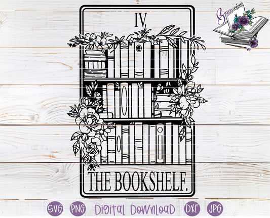 Decorative design of a bookshelf with books and floral elements on a wooden background.