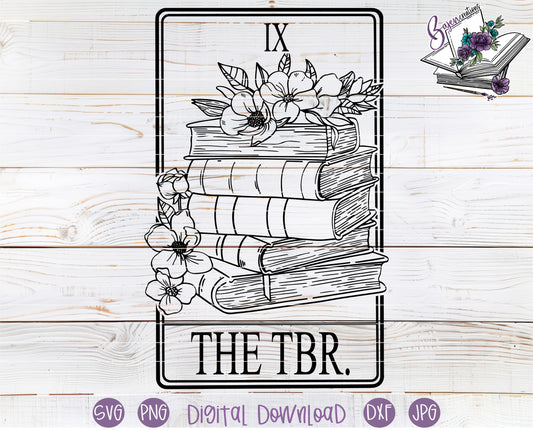 Decorative design of books with flowers and 'The TBR' text on a wooden background.