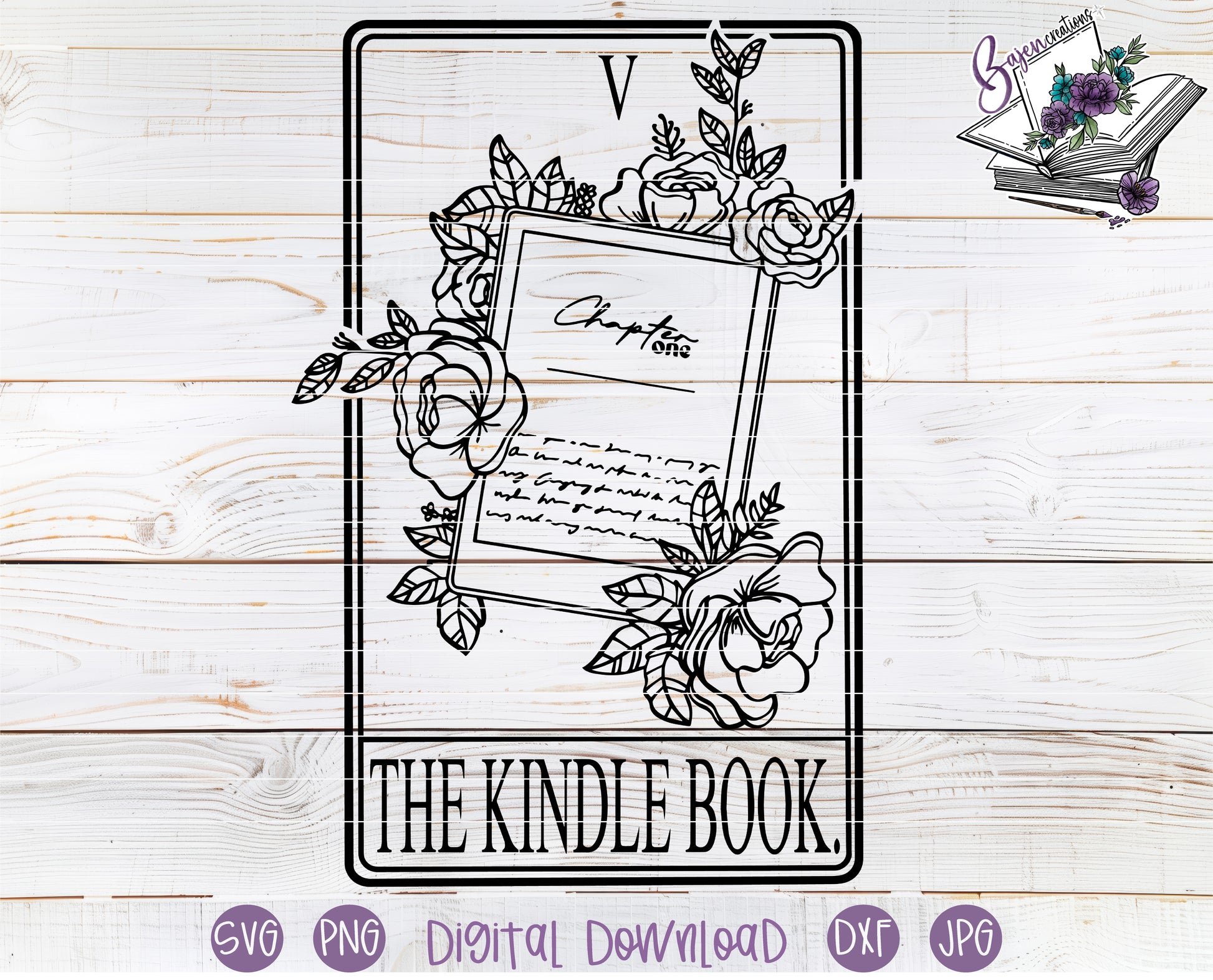 Decorative design of a Kindle book with floral elements on a wooden background