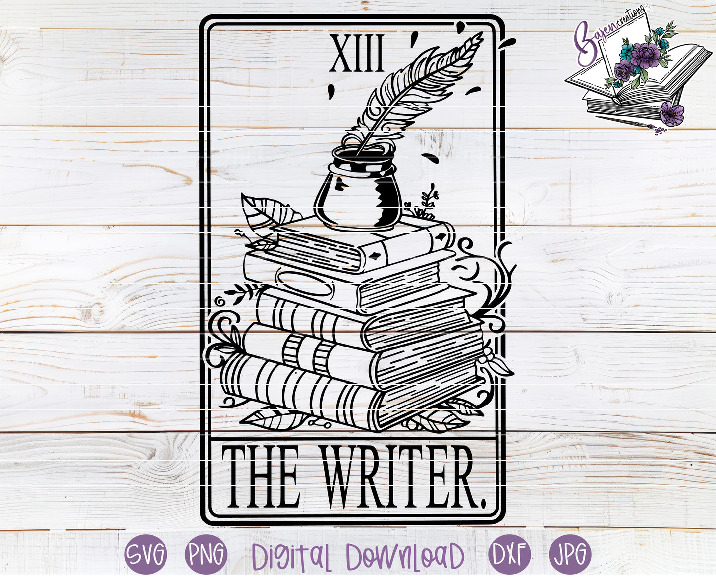 Illustration of 'The Writer' tarot card with books and a quill on a wooden background.