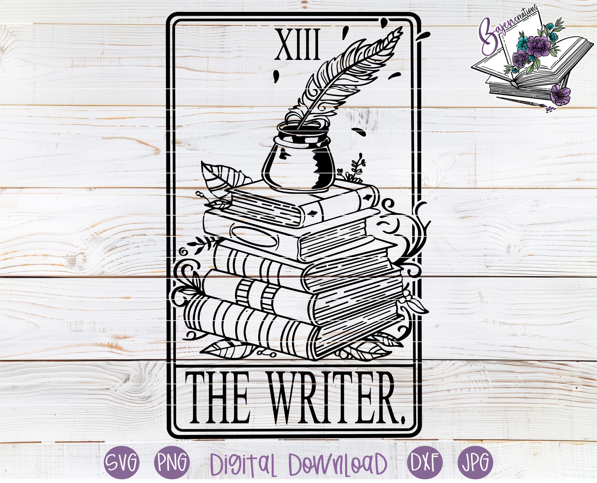 Illustration of 'The Writer' tarot card with books and a quill on a wooden background.