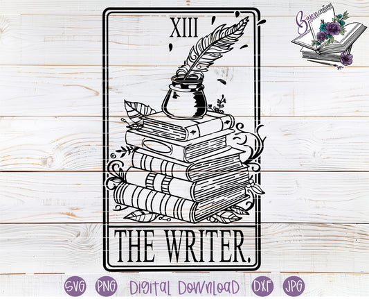 Illustration of 'The Writer' tarot card with books and a quill on a wooden background.